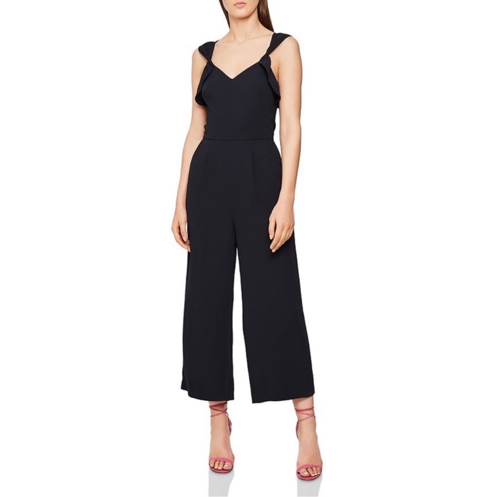 Reiss Amika Crepe Wide Leg Ruffle Sleeveless Cutout Jumpsuit Navy Blue 10